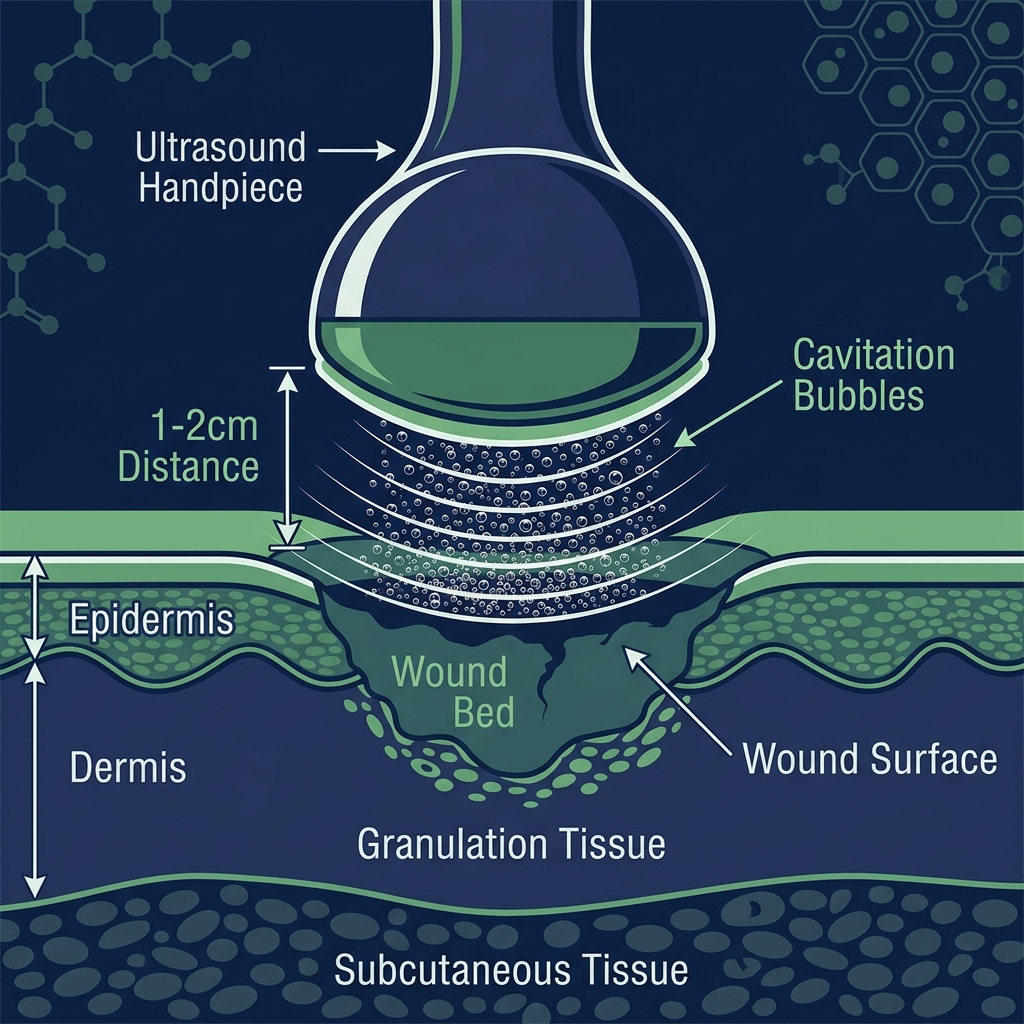 Ultrasonic cavitation mechanism diagram showing 35 kHz waves creating cavitation bubbles 1-2cm above the wound surface