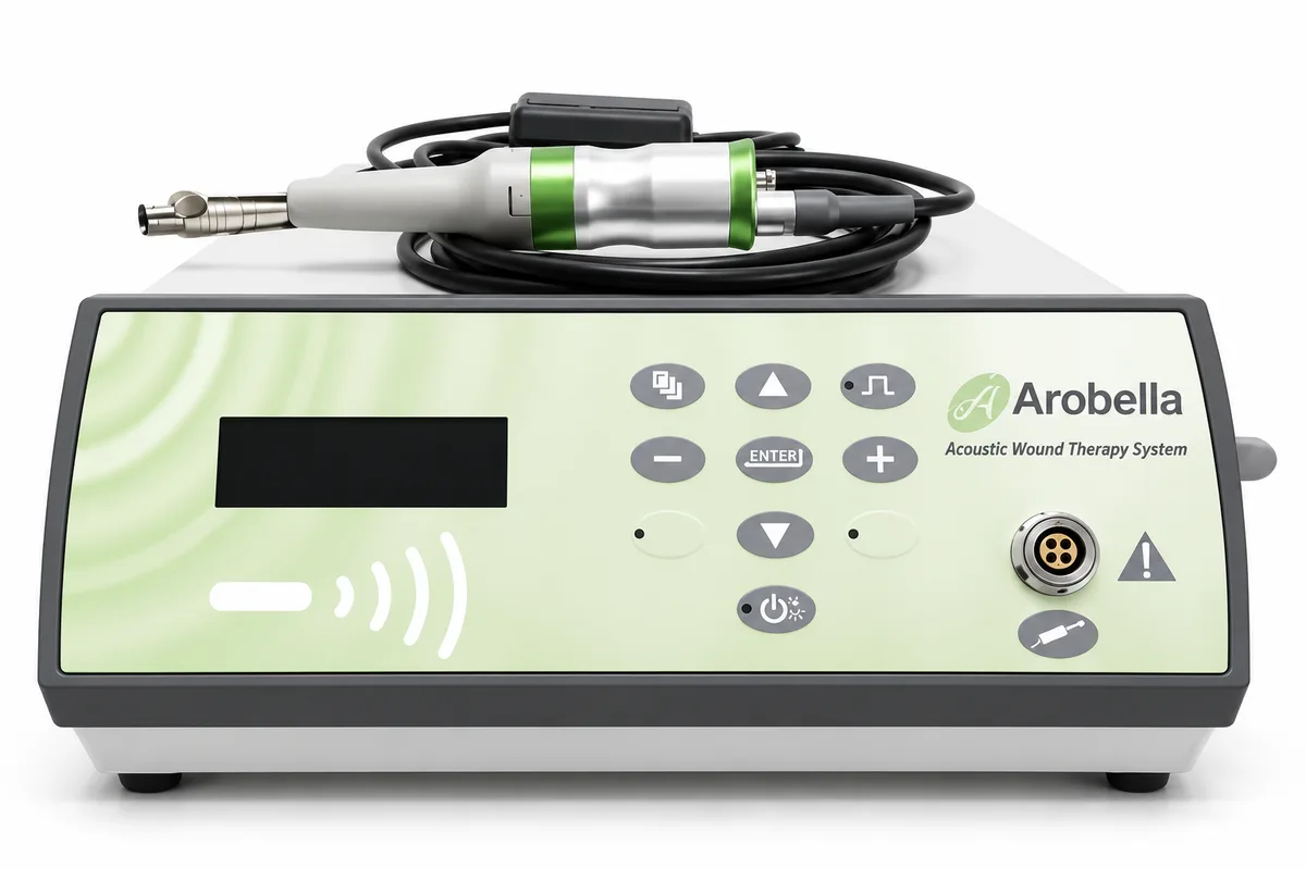 Arobella Acoustic Wound Therapy System console with handpiece
