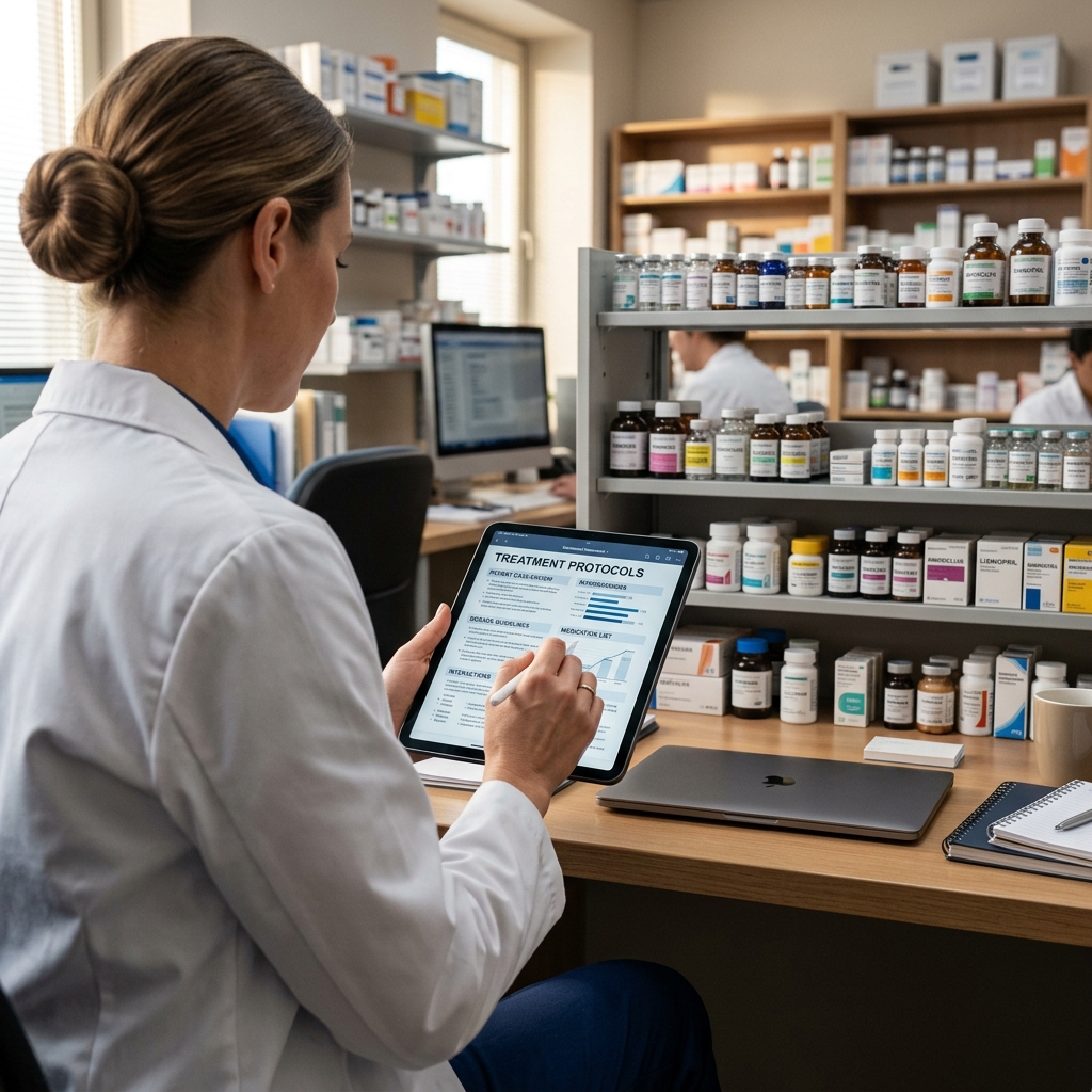 Medical professional reviewing peptide treatment protocols on tablet with organized clinical inventory